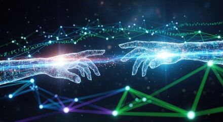 Fototapeta premium Two glowing, digital hands reach towards each other across a network of interconnected nodes and lines.
