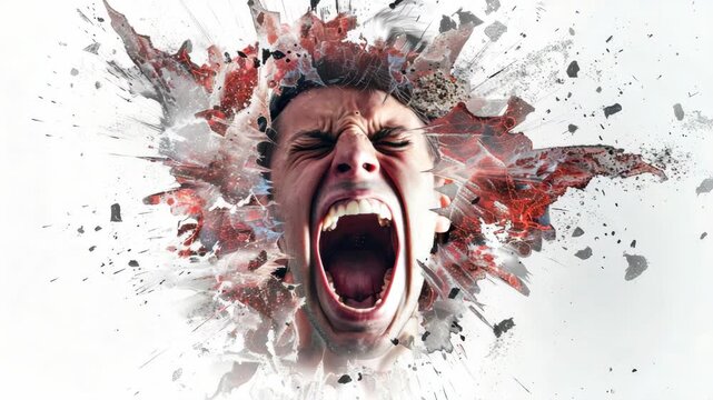 Powerful scream bursts through shattered form. Angry expression dominates the frame. Particles explode outward with force. Raw emotion radiates from the face. High contrast highlights every detail