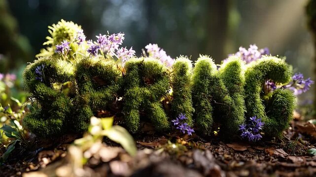 Mossy letters spell "SPRING" in a forest glade