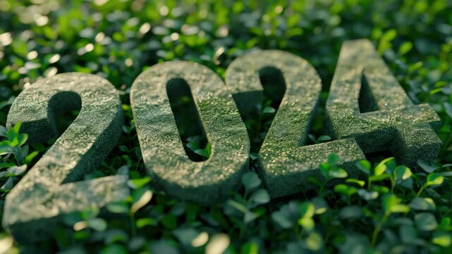 Green moss covers bold "2024" numerals. Blurred leaves surround the numbers. Soft sunlight glows through the foliage. Fresh growth suggests new beginnings. Nature blends with modern numerals