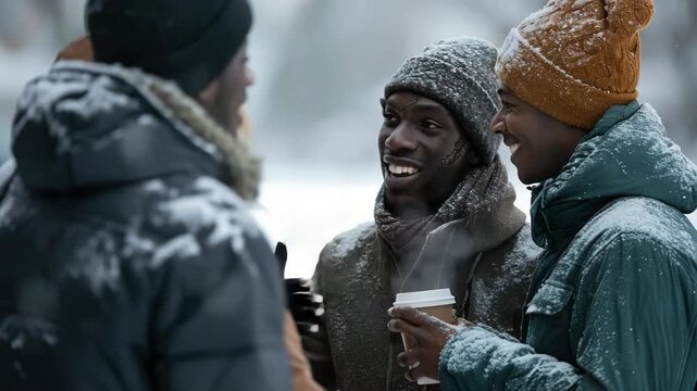 Snowflakes fall gently around three friends. They laugh, bundled in winter gear. One holds a warm beverage, smiling. Their camaraderie shines through the chill. Snow dusts their coats, hats