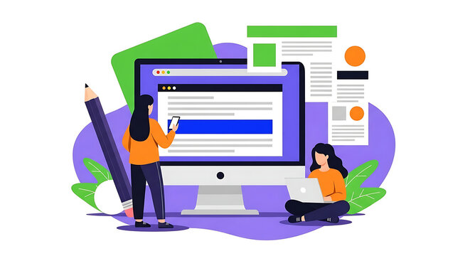 Two people are collaborating on a computer illustration with documents and a large pencil nearby in an office setting.