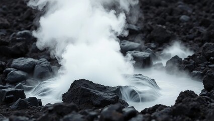 Obraz premium Thick white steam billows from a volcanic vent amid jagged dark lava rocks, creating an eerie, desolate scene that evokes raw geological power, heat and geothermal activity in a barren landscape.