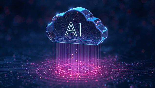 Cloud and edge computing technology data transfer concept. A large cloud icon is in the center, Ai Brain Cloud Big data, network, Science and futuristic concept