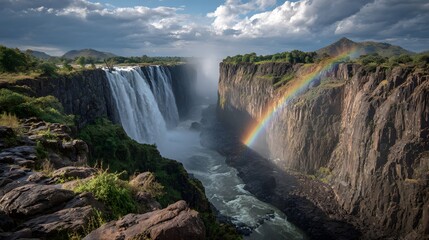 Fototapeta premium Spectacular breathtaking views of massive Victoria Falls, millions of gallons of white water cascading down a sheer dramatic rocky cliffs.