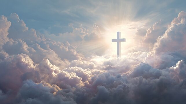 A cross in the sky with clouds and sunlight.