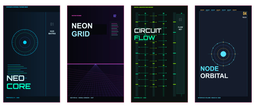 Futuristic magazine cover templates, cyberpunk editorial design pack, techno sci fi typography covers, neon digital magazine layouts, high tech poster style cover templates