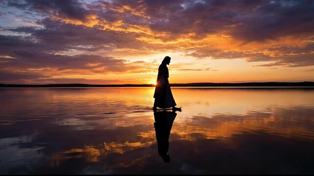Silhouette of Jesus Christ walking on the calm surface of a vast lake during a dramatic sunset with golden orange clouds reflecting on the still water in a biblical scene