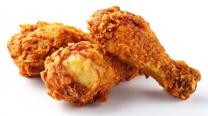 Three pieces of fried chicken on a white background.