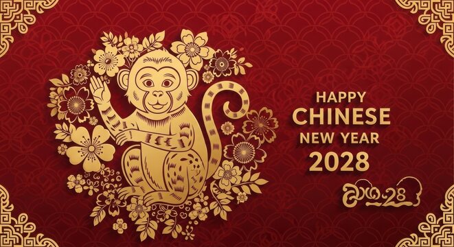 Happy chinese new year 2028 greeting card with monkey illustration