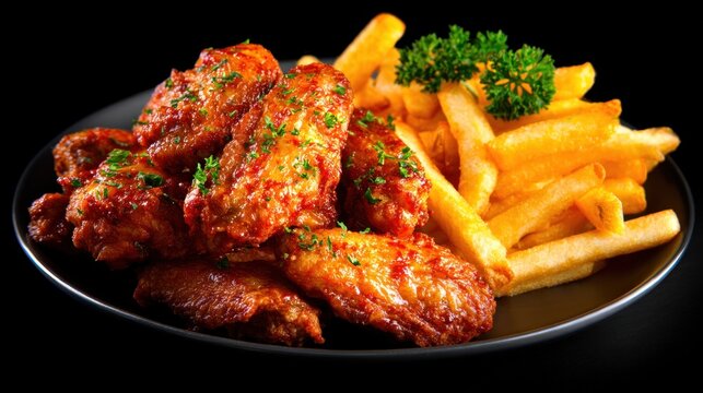A plate of crispy chicken wings with golden-brown french fries garnished with fresh parsley on a black plate against a dark background.