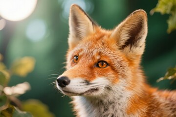Obraz premium Close-up of a red fox with alert expression in a natural forest setting