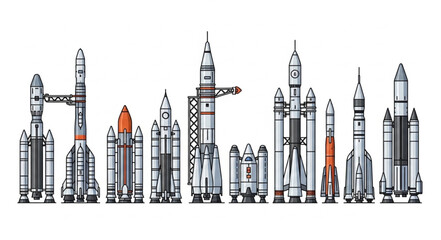 Collection of various rockets and spacecraft lined up. © Nayla