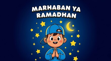Fototapeta premium Cartoon boy celebrating Ramadan with stars and moon