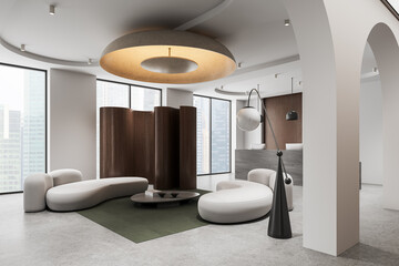 Contemporary interior lounge featuring sculptural seating, curved partitions, soft ceiling lighting, panoramic windows and refined architecture design.. "" 3D Rendering
