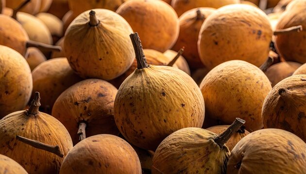 Pile of santol fruits showcasing their textured skin golden hues and stems creating a vibrant tropical fruit still life