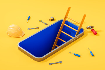 Smartphone cavity with construction ladder surrounded by scattered tools and hardhat on vivid yellow background illustrating digital maintenance concept.. 3D Rendering © ImageFlow