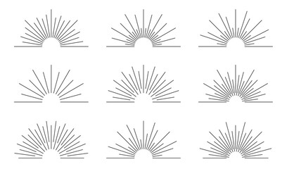 Sunburst rays set in minimalist line art style. Abstract sunrise and radiant sun beam elements with geometric lines and semi-circle shapes. Retro sun rays and sunburst design elements. Vector