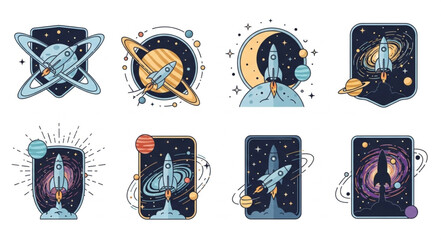 Collection of Retro Space Rocket Illustrations and Planets. © Nayla