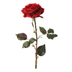 Obraz premium Single red rose flower on stem with green leaves, studio close-up isolated on Transparent Background