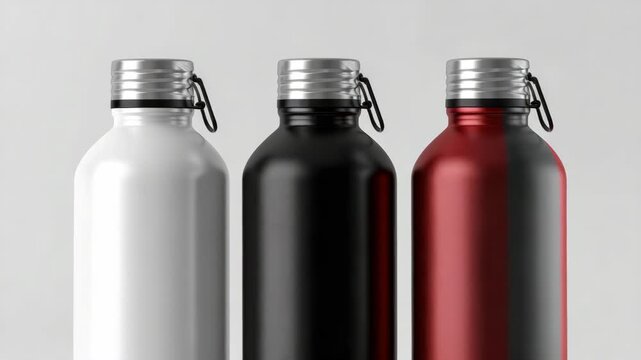 Three sleek water bottles stand side by side. Metal caps gleam with subtle sheen. Each bottle features a black loop handle. Minimalist design contrasts clean, neutral backdrop