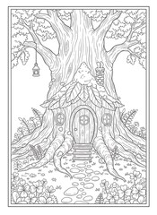 Ancient tree with charming house nestled in its roots, a delightful scene for coloring and imaginative storytelling