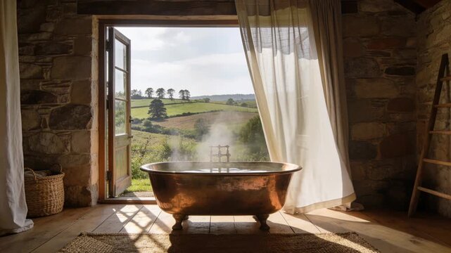 Hot water steaming in a vintage copper bathtub inside a rustic stone bathroom with a scenic view