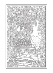 Fototapeta premium Ornate wrought iron bench in a lush garden setting surrounded by roses and vines