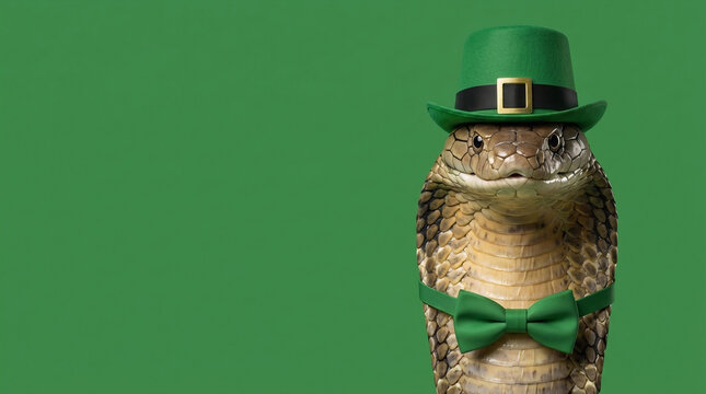 King cobra wearing green leprechaun hat and bow tie celebrating St. Patrick's Day, reptile portrait isolated on green background, festive Irish holiday concept with dramatic cobra mascot