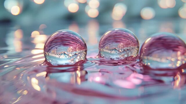 Glass spheres float on shimmering water surface. Soft pink glow reflects through liquid and glass. Water ripples gently around transparent spheres. Bokeh lights blur softly in background, adding depth