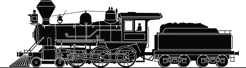 Vintage steam locomotive silhouette vector illustration, antique wild west engine with coal tender, historical railway transport icon isolated on white background for design, nostalgia. © mafuja