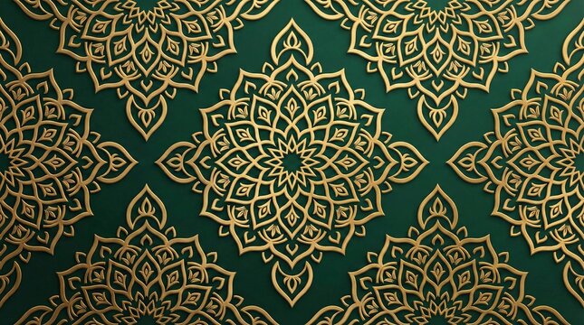 Luxury green and gold islamic mandala pattern background, ai generated