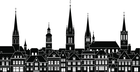 Black silhouette of an old European town skyline featuring traditional houses and historic church steeples for travel and heritage themes © Mou