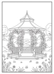 Fototapeta premium Ornate gazebo in beautiful garden adorned with roses and lush greenery surrounded by trees and rolling hills