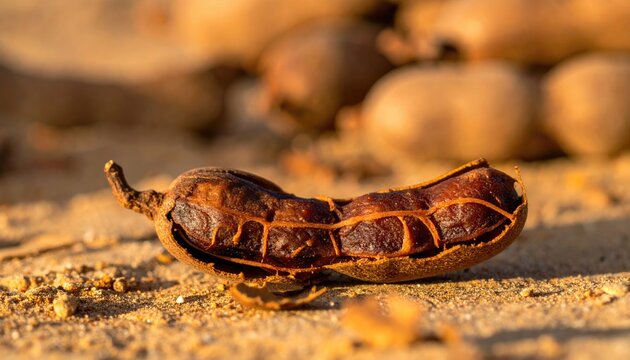 Partially opened ripe tamarind pod showcasing dark brown pulp and seeds on a sandy surface in natural sunlight for food concept use