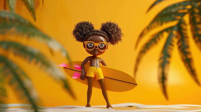 Sunlit beach with palm fronds. Tiny surfer holds surfboard. Bold curly hair, stylish glasses. Bright yellow shorts, cheerful pose. Warm tones, playful vibe. Perfect for summer, fun, adventure