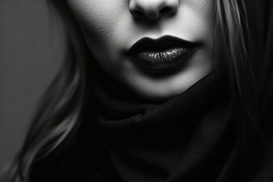 Sinnliche bildf&uuml;llende Nahaufnahme von dunklen Lippen einer Frau in eleganter Schwarzwei&szlig; Optik