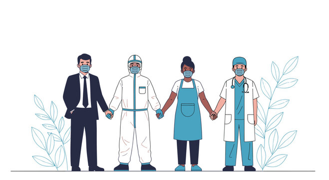 Diverse group of essential workers and professionals wearing masks and holding hands in unity during global health crisis.