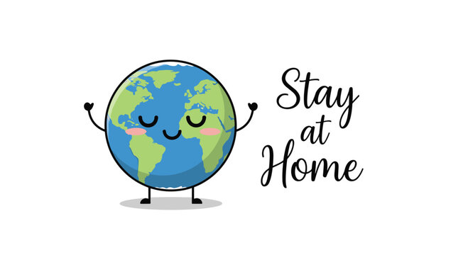 Cute cartoon Earth character with a smiling face and blushing cheeks encouraging everyone to stay at home for global safety.
