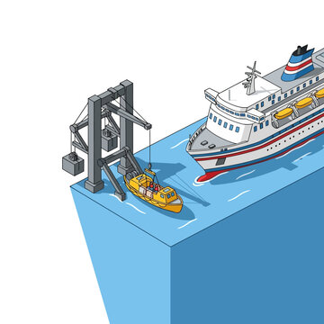 Isometric illustration of a large cruise ship being refueled by a bunker vessel at a dock.