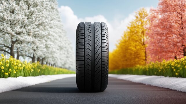 All season car tire. Year round performance, reliable traction, driving safety and weather adaptability concept. Advertising banner