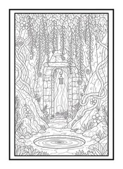 Fototapeta premium Secret grotto coloring page showing stone archway hidden behind hanging vines and willow branches with tranquil circular pond art