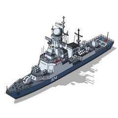 Isometric illustration of a modern naval warship with detailed equipment and weaponry. © Nora
