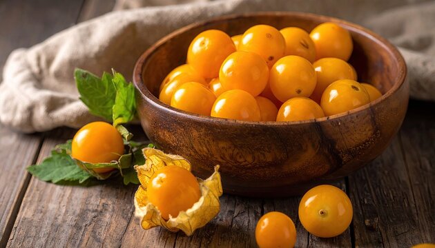 Golden physalis peruviana fruits in wooden bowl on rustic table with leaves and husk showcasing their vibrant color and fresh raw natural goodness
