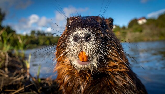 Wet beaver portrait with large buck teeth looking at camera in water against blue sky and green hill backdrop