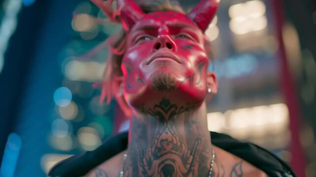 Red devil man in city night.