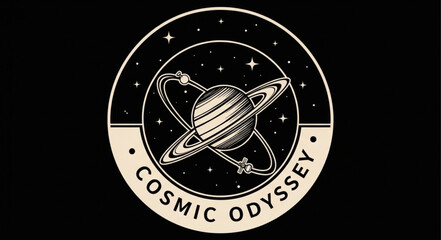 Cosmic Odyssey planet logo with rings and stars. © Nayla