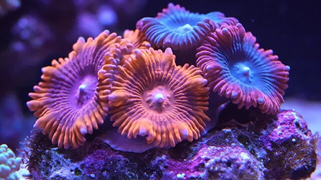 A closeup photograph of vibrant coral polyps on a reef formation underwater