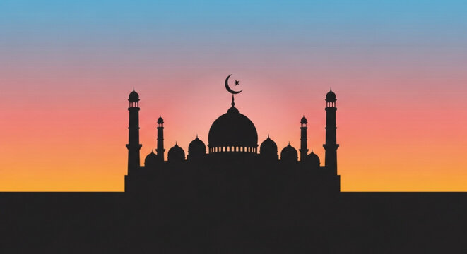 A serene mosque silhouette against a vibrant sunset sky with a crescent moon