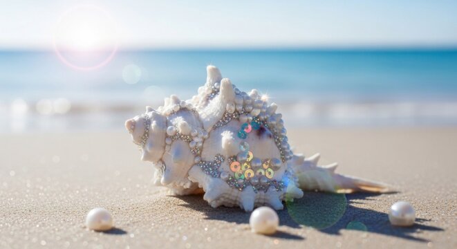 Luxurious seashell adorned with jewels on sandy beach